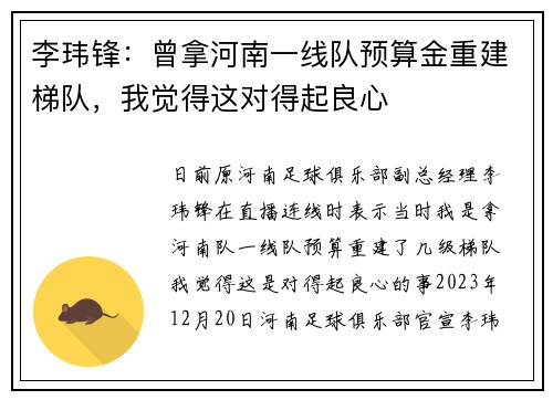 李玮锋：曾拿河南一线队预算金重建梯队，我觉得这对得起良心